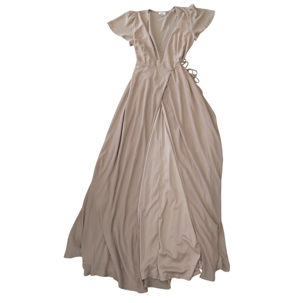 New‎ Tobi Women Taupe Beige Flutter Sleeve Wrap Maxi Dress V-Neck Formal - M